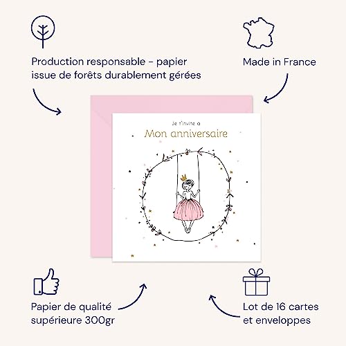 Popcarte Carte invitation anniversaire fille • Lote de 16 cajas de invitación y sobres rosa • Tema Princesa para un cumpleaños infantil • Tarjeta Made in France 14 x 14 cm • Princesa