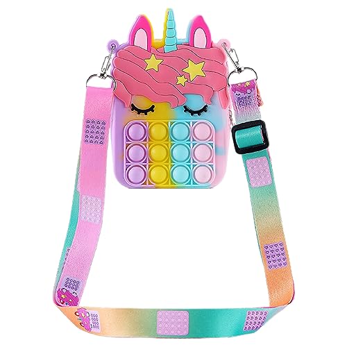 Poppet Pop it Bag, Pop Bubble Push It Unicorn Bandolera, 2 en 1 Unicorn Fidget Bag Pop Bubble PushToy, Bandolera con correa de silicona para el hombro, Juegos de regalo para niños de 5 6 7 8 años