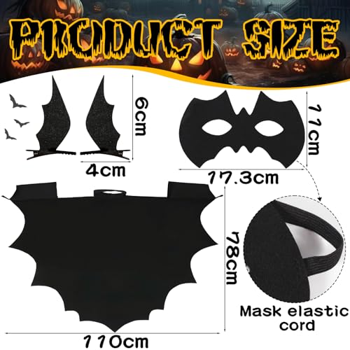 POWZOO Alas de murciélago,4 Piezas Contiene Disfraz de Murciélago+Máscara de Murciélago+2 Pinzas para el Pelo,Capa de Murciélago para niños,Batman,Halloween Disfraces.alas de Vampiro.(Negras,130cm)