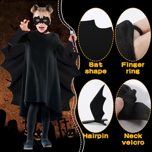 POWZOO Alas de murciélago,4 Piezas Contiene Disfraz de Murciélago+Máscara de Murciélago+2 Pinzas para el Pelo,Capa de Murciélago para niños,Batman,Halloween Disfraces.alas de Vampiro.(Negras,130cm)