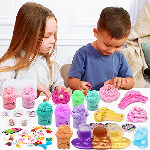 Purpledi 35 Kits de Fluffy Butter Slime, Slime para niñas y niños, Incluye Abalorios de Limo de Helados de Frutas, etc, súper elástico y Antiadherente, Juguete para aliviar el estrés