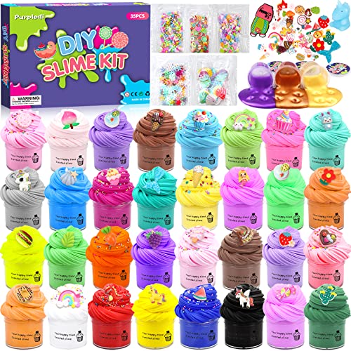 Purpledi 35 Kits de Fluffy Butter Slime, Slime para niñas y niños, Incluye Abalorios de Limo de Helados de Frutas, etc, súper elástico y Antiadherente, Juguete para aliviar el estrés