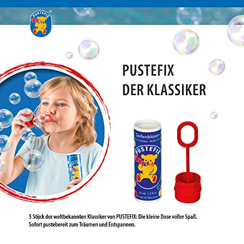 PUSTEFIX Juego de 5 pompas de jabón clásicas de 42 ml, multicolor Rainbow Bubbles fabricadas en Alemania, para bodas, cumpleaños infantiles, oficina de registro, despedida de soltera, 5 paquetes de 42