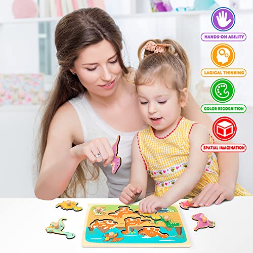 Puzzles de Madera Juegos Educativos Rompecabezas Madera Aprendizaje Temprano Juego Educativo Juguetes Educativos Montessori Juego de Regalo para Niños Niñas 2 3 4 Años (Dinosaur)