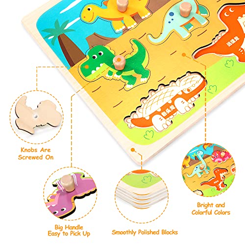 Puzzles de Madera Juegos Educativos Rompecabezas Madera Aprendizaje Temprano Juego Educativo Juguetes Educativos Montessori Juego de Regalo para Niños Niñas 2 3 4 Años (Dinosaur)