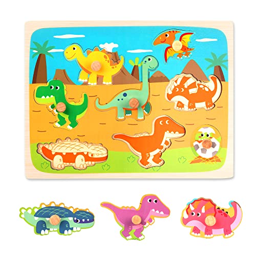 Puzzles de Madera Juegos Educativos Rompecabezas Madera Aprendizaje Temprano Juego Educativo Juguetes Educativos Montessori Juego de Regalo para Niños Niñas 2 3 4 Años (Dinosaur)