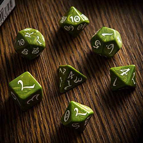 Q WORKSHOP Classic Olive & White RPG Ornamented Dice Set 7 polyhedral Pieces