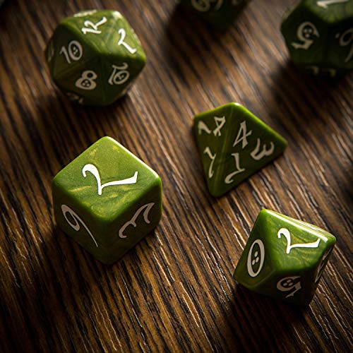 Q WORKSHOP Classic Olive & White RPG Ornamented Dice Set 7 polyhedral Pieces