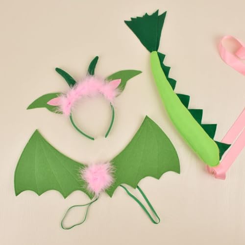 Qianly Juego de 3 piezas de cola de ala de dinosaurio, disfraces de dragón de Halloween, diadema de alas de dragón, disfraz de dinosaurio para niños, vestido, rosa