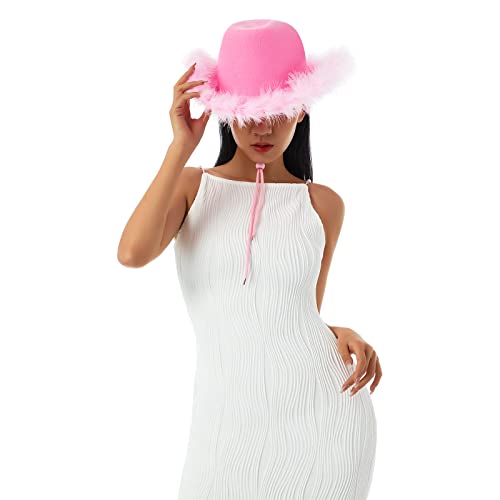 Qtinghua Sombrero de vaquero blanco y rosa para mujer, ribete de plumas esponjosas, disfraz de Halloween, sombrero de vaquera para cosplay, fiesta, juego de rol, fiesta de cumpleaños (rosa, talla