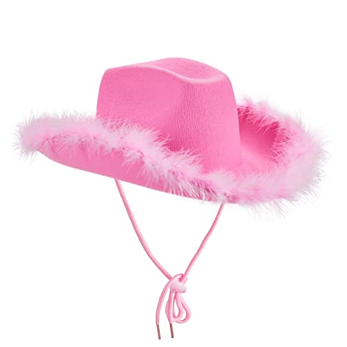 Qtinghua Sombrero de vaquero blanco y rosa para mujer, ribete de plumas esponjosas, disfraz de Halloween, sombrero de vaquera para cosplay, fiesta, juego de rol, fiesta de cumpleaños (rosa, talla