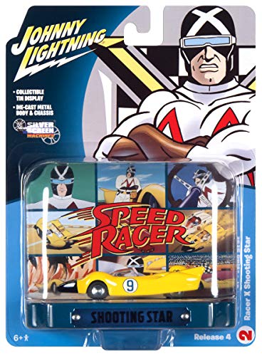 Racer X Shooting Star #9 amarillo con exhibición de lata coleccionable Speed Racer 1/64 modelo fundido a troquel por Johnny Lightning JLDR015-JLSP121