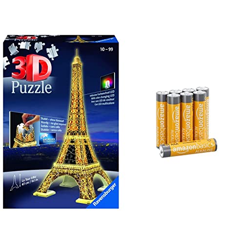 Ravensburger - 3D Puzzle Tour Eiffel Night Edition con Luces, 216 Piezas, 8+ Años & Amazon Basics - Pilas alcalinas AAA de 1,5 voltios, Gama Performance, Paquete de 8 (el Aspecto Puede Variar)