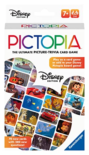 Ravensburger Disney World of Disney Pictopia Juego de cartas para niñas y niños a partir de 7 años, juego de trivia de imágenes de tamaño de viaje para familias