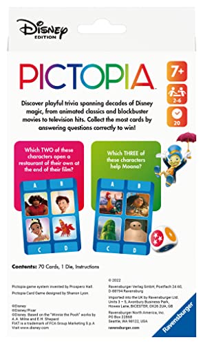 Ravensburger Disney World of Disney Pictopia Juego de cartas para niñas y niños a partir de 7 años, juego de trivia de imágenes de tamaño de viaje para familias