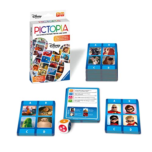 Ravensburger Disney World of Disney Pictopia Juego de cartas para niñas y niños a partir de 7 años, juego de trivia de imágenes de tamaño de viaje para familias