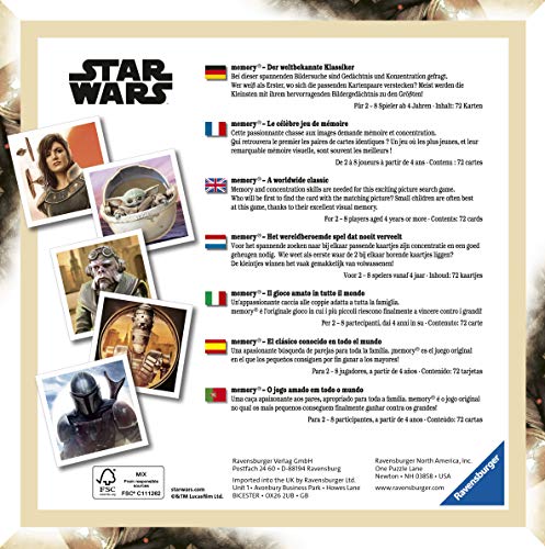 Ravensburger - Memory® Versión Star Wars Mandalorian, 72 Tarjetas, Juegos de Mesa, 4+ Años