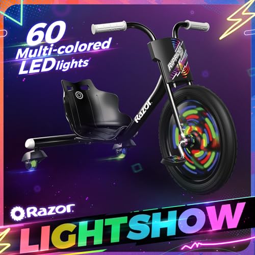 Razor RipRider 360 Lightshow - Triciclo para Niños 5+ con 360° Drift Steering, Luces Multicolores Activadas por Movimiento, Triciclo Drift de 3 Ruedas con Ruedas Traseras - Negro