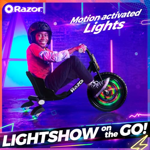 Razor RipRider 360 Lightshow - Triciclo para Niños 5+ con 360° Drift Steering, Luces Multicolores Activadas por Movimiento, Triciclo Drift de 3 Ruedas con Ruedas Traseras - Negro