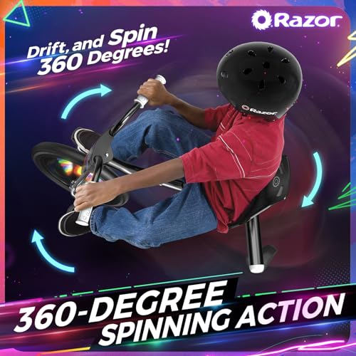 Razor RipRider 360 Lightshow - Triciclo para Niños 5+ con 360° Drift Steering, Luces Multicolores Activadas por Movimiento, Triciclo Drift de 3 Ruedas con Ruedas Traseras - Negro