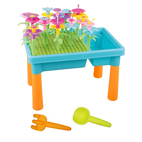 RedCrab 3 en 1 Mesa de Juego de Flores de Jardín Juego de Juguetes al Aire Libre con Mesa de Arena y Agua para Niños, Juguetes de Construcción para Jardín de Flores Mesa de Actividades