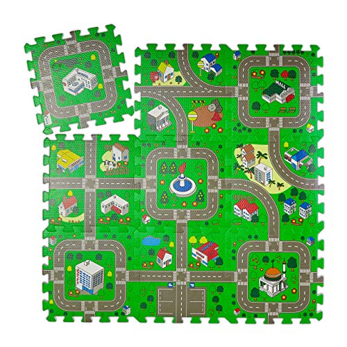 Relaxdays Alfombra Puzzle Ciudad, Alfombrilla Juego 9 Piezas, Niños y Bebés, Goma EVA, sin Tóxicos, 90x90 cm, Multicolor, carbón, 9 Stück