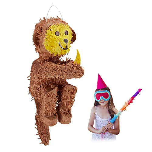 Relaxdays Piñata Mono, para Colgar, Fiestas Cumpleaños Niñas, Simio, Rellenable con Chuches, de Papel, Marrón, Color, 59 x 20 x 29 cm (10031490)
