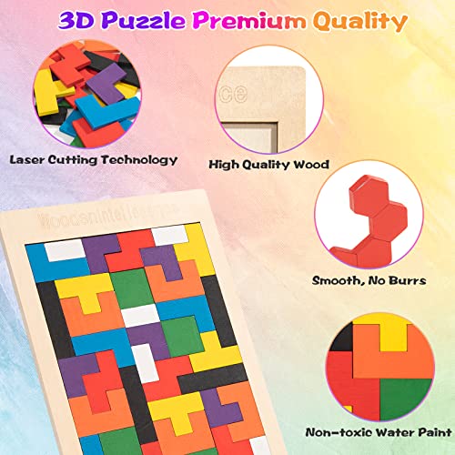 Rompecabezas de Tangram, 2 pcs Puzzle Tetris de Madera, Montessori Bloque de Forma Tangram, Juego de Cerebro Regalo Educativo para Niños y Niñas 3 4 5 6 años, Rectángulo Hexagonales