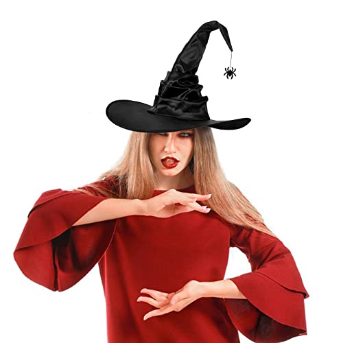 Roontin Halloween Witch Hats Purple Crooked Witch Hat Large Ruched Witch Hat Witch Hats for Women Halloween Party Decorations, spider