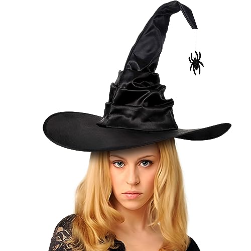 Roontin Halloween Witch Hats Purple Crooked Witch Hat Large Ruched Witch Hat Witch Hats for Women Halloween Party Decorations, spider