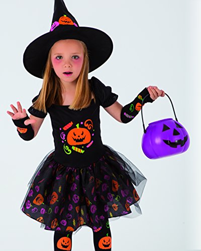 Rubies Disfraz Bruja candy para niña, Vestido de bruja con manguitos, medias y sombrero con diseños de calabacitas impresas, Original de Rubies, Ideal para halloween, carnaval y cumpleaños