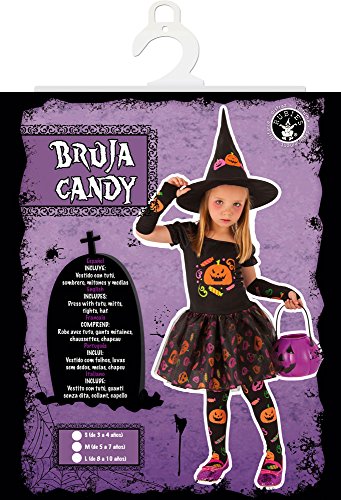 Rubies Disfraz Bruja candy para niña, Vestido de bruja con manguitos, medias y sombrero con diseños de calabacitas impresas, Original de Rubies, Ideal para halloween, carnaval y cumpleaños