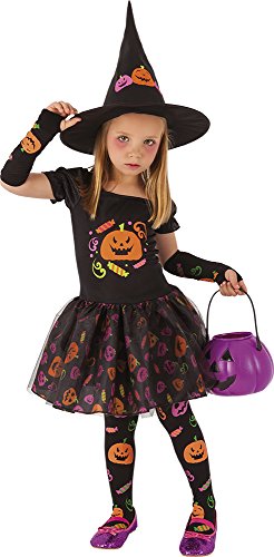 Rubies Disfraz Bruja candy para niña, Vestido de bruja con manguitos, medias y sombrero con diseños de calabacitas impresas, Original de Rubies, Ideal para halloween, carnaval y cumpleaños