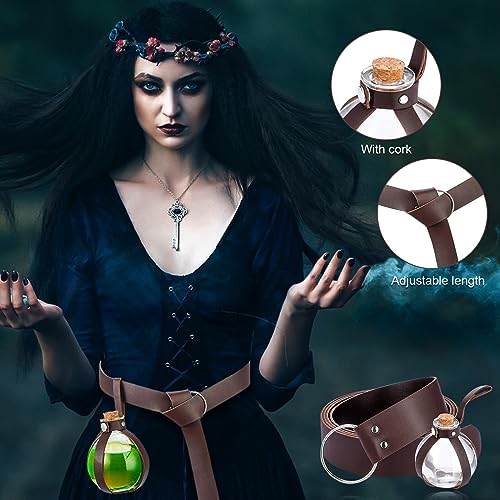 Ruikdly Traje de Nigromante de Halloween Cinturón de Cuero Medieval con Botella de Cristal de Poción Mágica de 250ML Medieval Knight Cinturón para Cosplay, Mago, Accesorios para Disfraces de Bruja