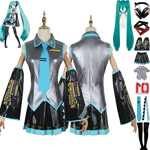 RUIZE Disfraz de Anime H'atsune Mik'u Cosplay, Personaje del Juego H'atsune Mik'u Disfraz Uniforme con Peluca, Tema de H'atsune Mik'u Abrigo de Halloween Vestido Kimono Capa para Niñas,Gris,M