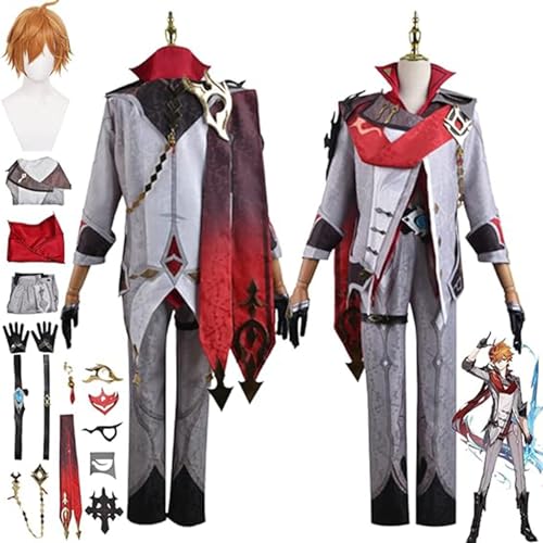 RUIZE Juego Genshin Impact Tartaglia Disfraz de Cosplay con Peluca para niños, Vestido de Uniforme de Personajes, Conjunto Completo, Traje de Fiesta de Carnaval de Halloween,Gris,S