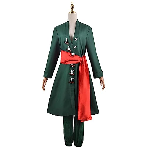 RUIZE Traje de cosplay de One Piece de anime, Uniforme de disfraces Roronoa Zoro del personaje del juego, Conjunto completo de Halloween Maid Dress Kimono Cloak con accesorios,Verde,S