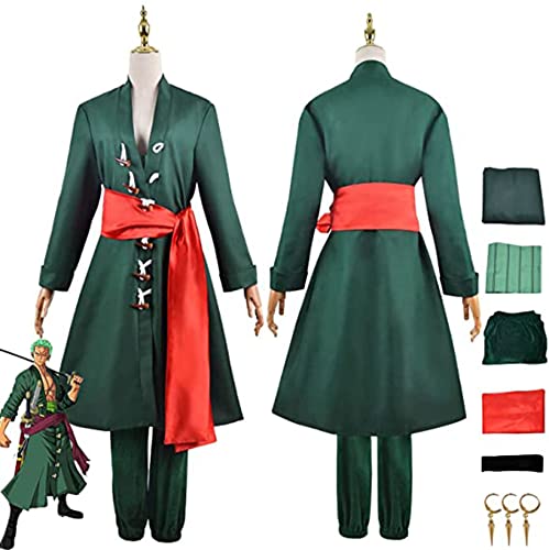 RUIZE Traje de cosplay de One Piece de anime, Uniforme de disfraces Roronoa Zoro del personaje del juego, Conjunto completo de Halloween Maid Dress Kimono Cloak con accesorios,Verde,S