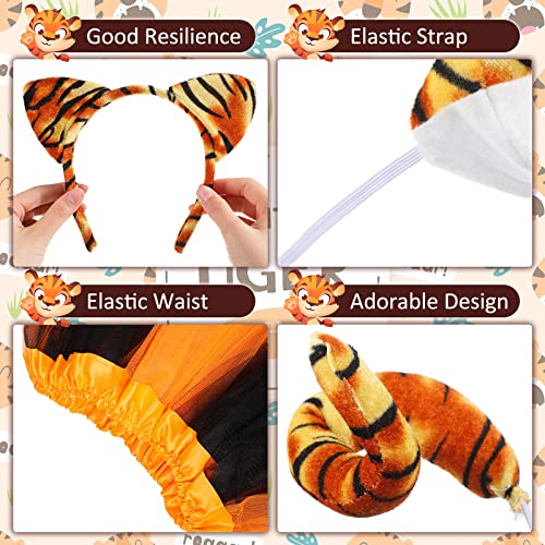 Set de Disfraces de Animal para Niño Accesorios de Disfraz de Leopardo y Tigre Falda de Tutú Adornada Diadema de Oreja Cola Pajarita Nariz para Carnaval Cosplay Navidad, 5 Piezas (Tigre)