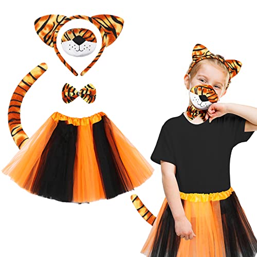 Set de Disfraces de Animal para Niño Accesorios de Disfraz de Leopardo y Tigre Falda de Tutú Adornada Diadema de Oreja Cola Pajarita Nariz para Carnaval Cosplay Navidad, 5 Piezas (Tigre)