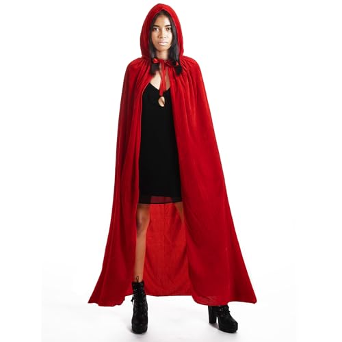 SHAFIER Largo Capa Vampiro Diablo con Capucha Terciopelo Disfraz de Halloween para Mujeres Hombres Carnaval Fiesta Disfraces (Rojo, 135 CM)