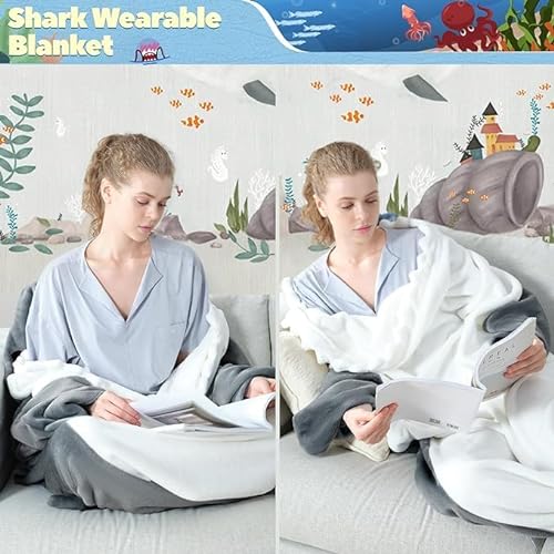 Shark Blanket, Shark Blanket Adultos, Tiburón Usable Sudadera con Capucha Franela Súper Suave Y Acogedora, Manta Tiburón Infantil, Regalos tiburón para Amantes los Tiburones(180CM)