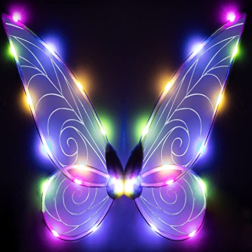 Silom Alas de mariposa con luces LED para adultos, niñas y mujeres, alas de ángel brillantes para adultos y niños, disfraz de Halloween, cosplay, alas de ángel, para niños (coloridas)