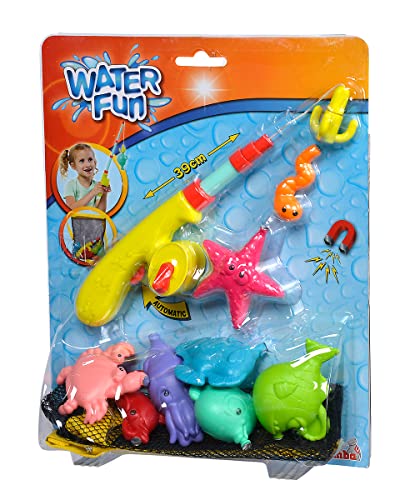 Simba 107796069 – Gran imán Juego de Pesca, caña de Pescar retráctil con función automática, 39 cm, 7 Animales Marinos y 1 Cebo, en Bolsa de Red, Juguete para niños pequeños, Juguete de baño