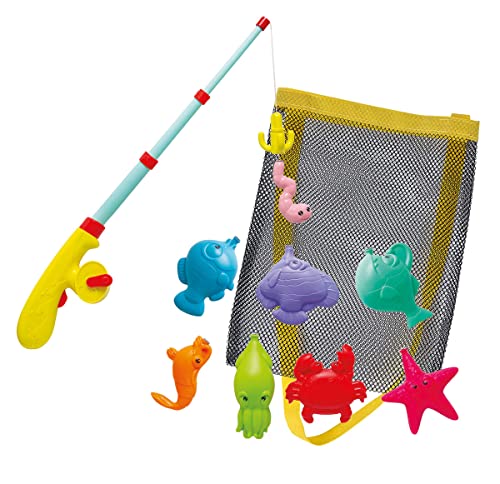 Simba 107796069 – Gran imán Juego de Pesca, caña de Pescar retráctil con función automática, 39 cm, 7 Animales Marinos y 1 Cebo, en Bolsa de Red, Juguete para niños pequeños, Juguete de baño