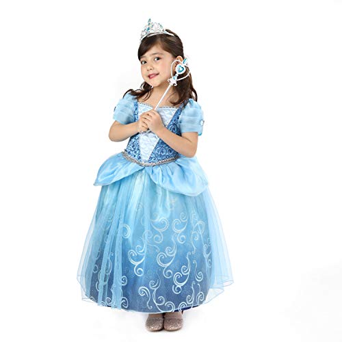 Sincere Party Vestido elegante de princesa Cenicienta de lujo para niñas con tiara y varita para niñas Halloween, carnaval, fiesta de cumpleaños Dress Up 5-6 años