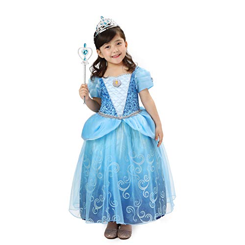 Sincere Party Vestido elegante de princesa Cenicienta de lujo para niñas con tiara y varita para niñas Halloween, carnaval, fiesta de cumpleaños Dress Up 5-6 años