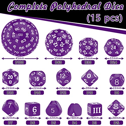 SIQUK 15 Piezas Dados Poliedricos D3-D100 Dados de rol Juego de Dados Poliedricos para DND RPG, Violeta y Blanco