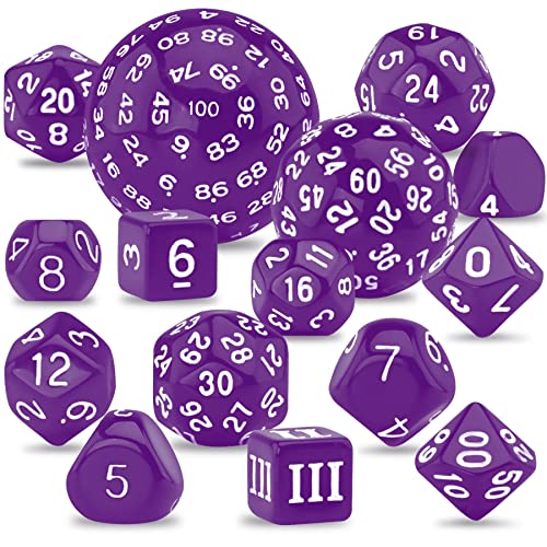 SIQUK 15 Piezas Dados Poliedricos D3-D100 Dados de rol Juego de Dados Poliedricos para DND RPG, Violeta y Blanco