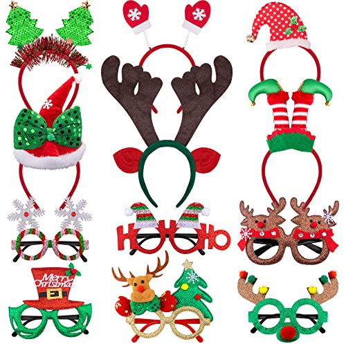 SIQUK 6 Piezas Diadema de Navidad y 6 Piezas Marcos de Gafas de Navidad Diadema Navideña Monturas de Gafas Navideñas para Decoración de Fiesta Navidad